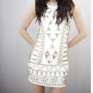 Needle & Thread “Sunburst” Embellished Mini Dress – Champagne Gold